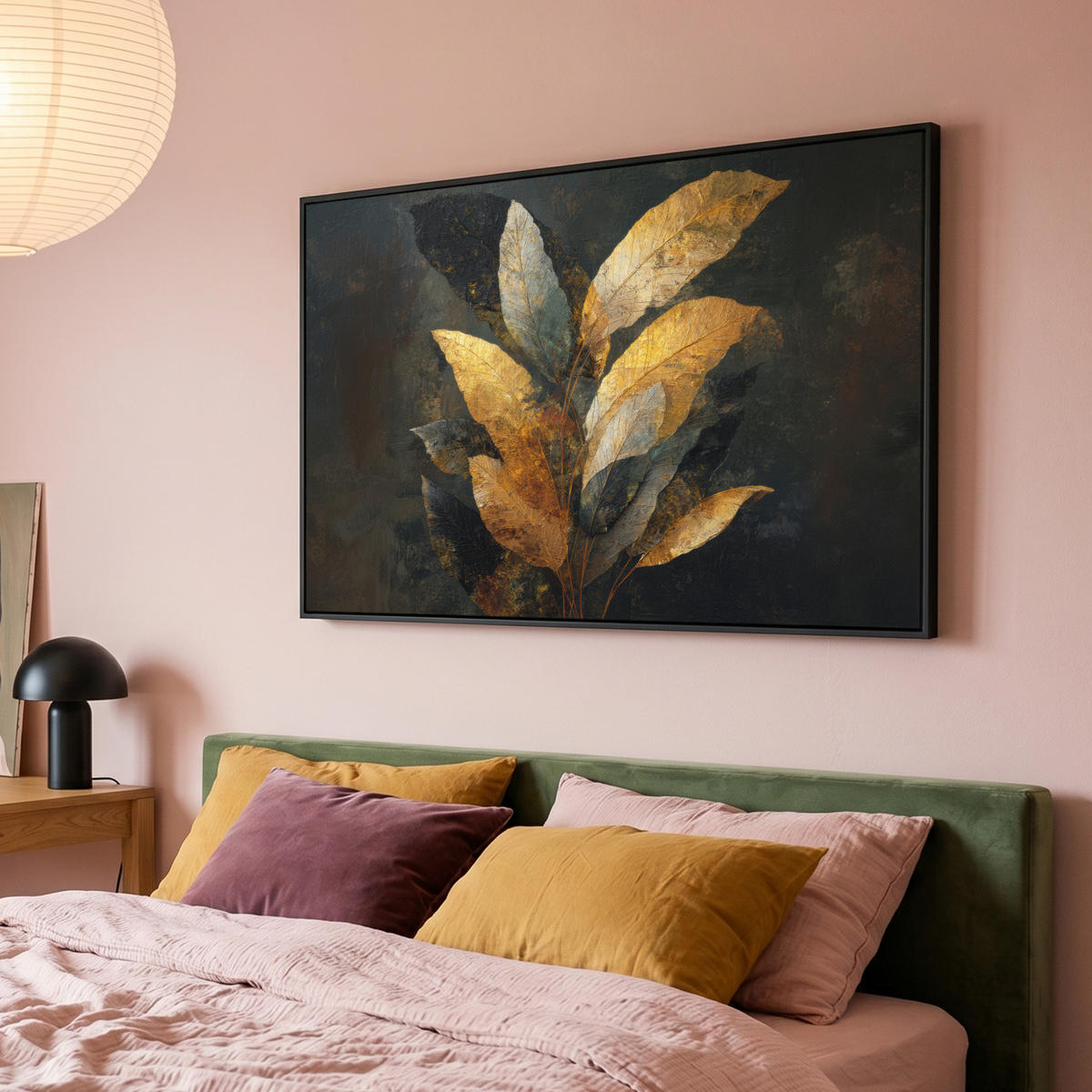 LEINWAND Bilder mit Rahmen - Golden Leaf Komposition - Botanical Luxury - 150x100 - Goldfarben, Textil (150/100cm) - MuchoWow