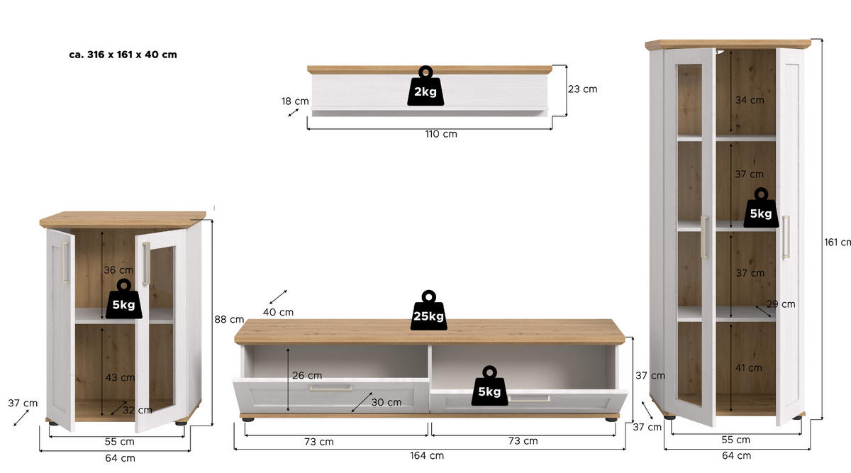 WOHNWAND 4-teilig weiß Lärche, Eiche Artisan 316 cm Landhaus, Schrankwand mit viel Stauraum - Silberfarben/Schwarz, Holzwerkstoff/Kunststoff (316/161/40cm) - Inn.Furn