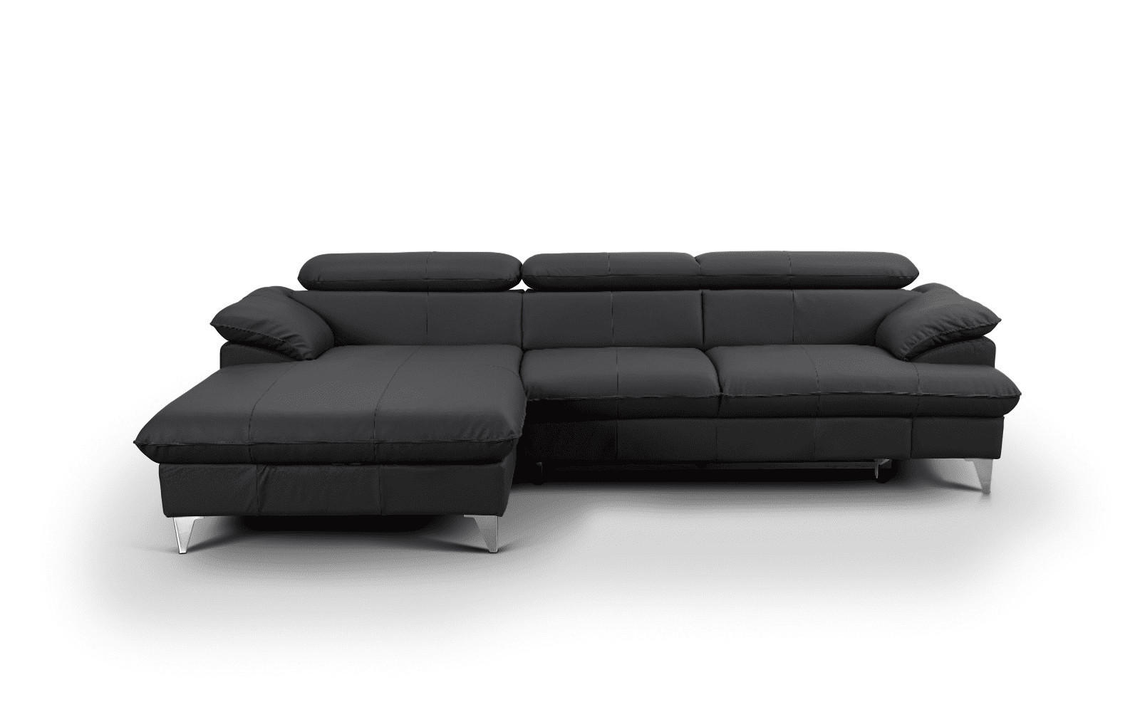 ECKSOFA mit Schlaffunktion und Bettkasten, Echtleder - Chromfarben/Schwarz, Leder/Holz (254/167cm) - Cotta