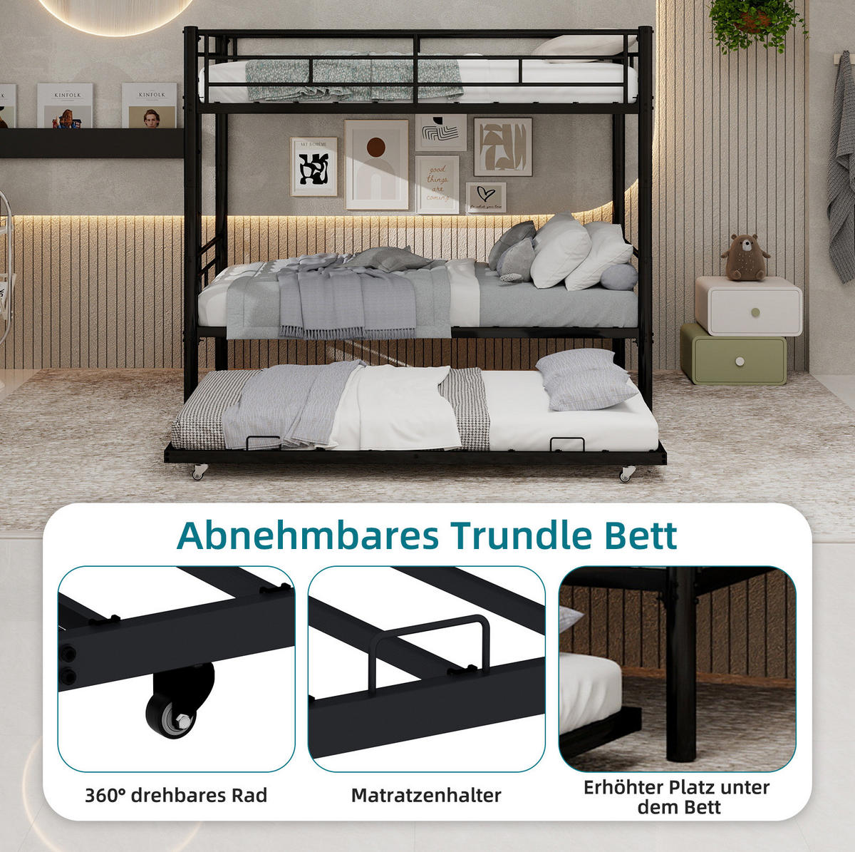 ETAGENBETT 90/180 cm schwarz aus Eisen teilbar mit Leiter - Schwarz, Metall (90/200cm) - OKWISH