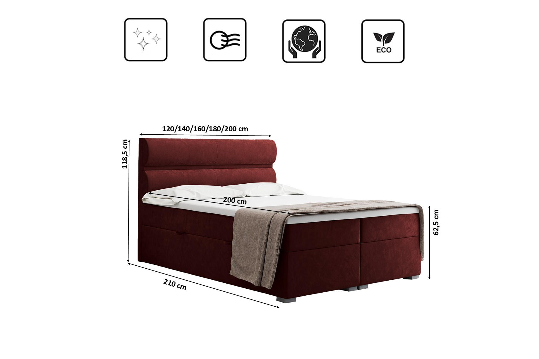 BOXBETT Mit Bettkasten, Matratze Und Topper VERA Stoff Riviera 140x200 cm Rotwein H2-Pocket - Rot, Holz/Holzwerkstoff (140/200cm) - Kaiser Möbel