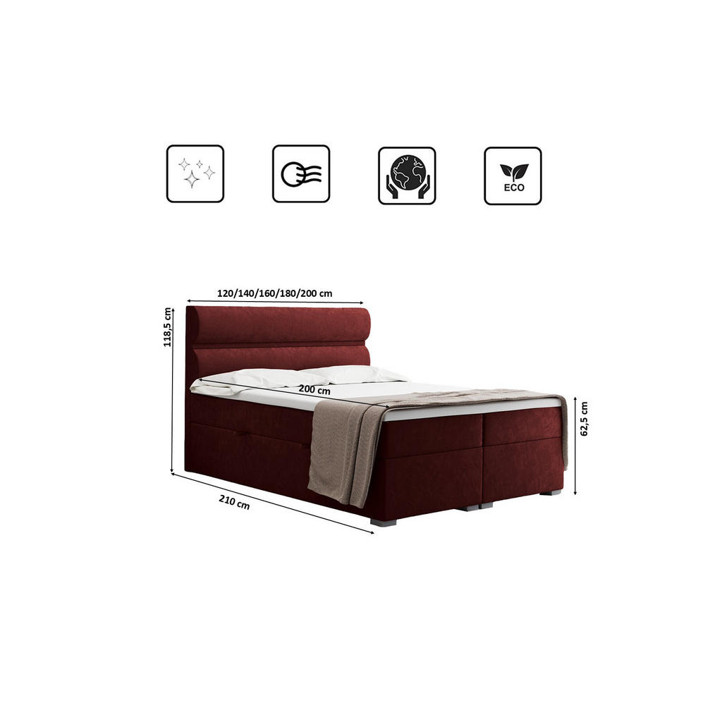 Thumbnail - Kaiser Möbel Boxbett, Rot, Textil, H3, Höhe ca. 20 cm, einzeln stellbar,Rechteckig, eckig, 120x200 cm, Reach, Schlafzimm...