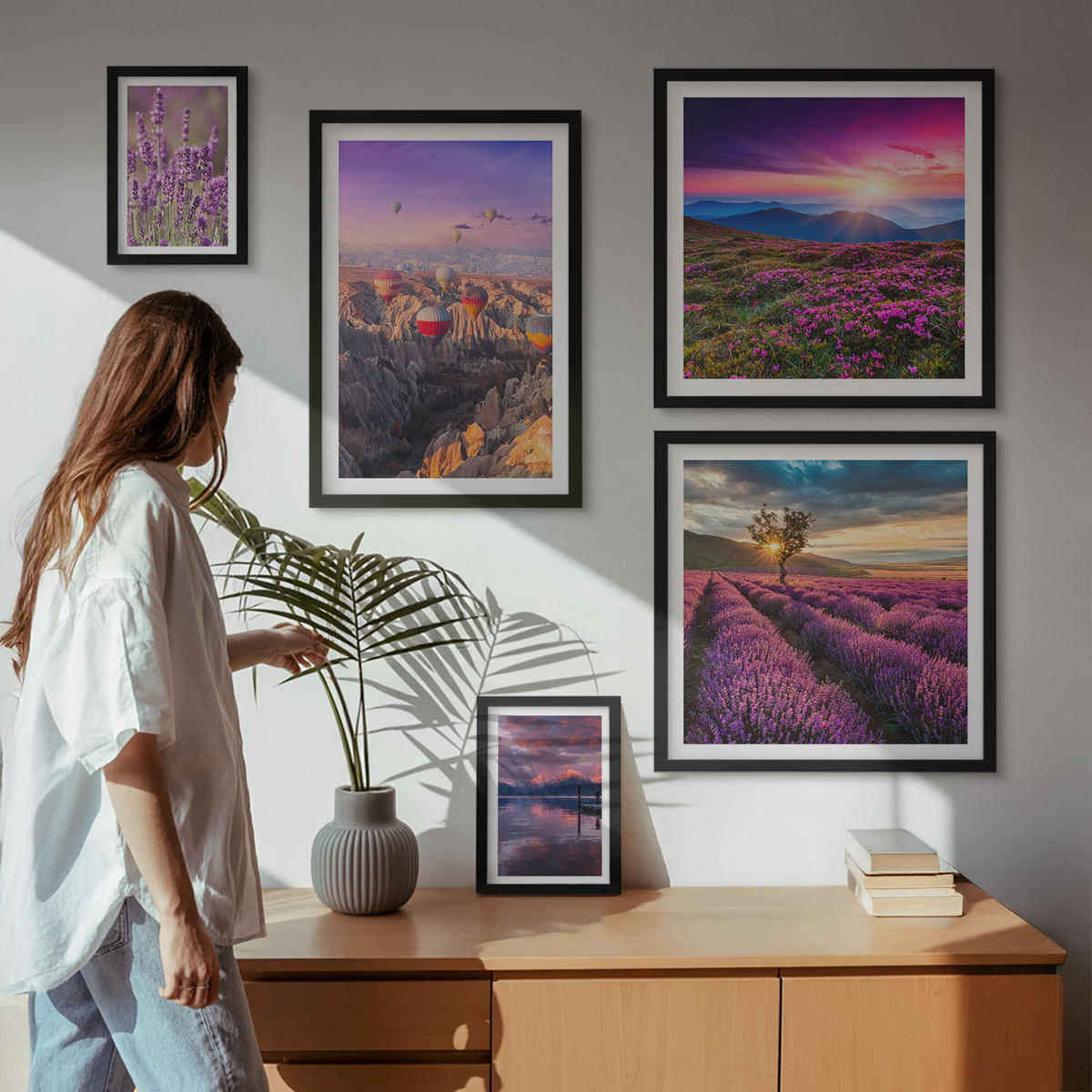 BILDER SET 5er Set - 50x50 cm & 20x30 cm & 40x60 cm Schwarzer Rahmen - Sonnenuntergang auf Lavendelfeldern - Schwarz, Kunststoff (40/60cm) - TULUP