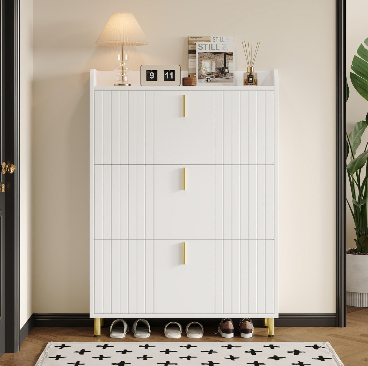 SCHUHSCHRANK mit 3 Klappen 80 x 23 x 123,5 cm MDF Weiß - Weiß, Holzwerkstoff (23.5/123.5/80cm) - Beauniv