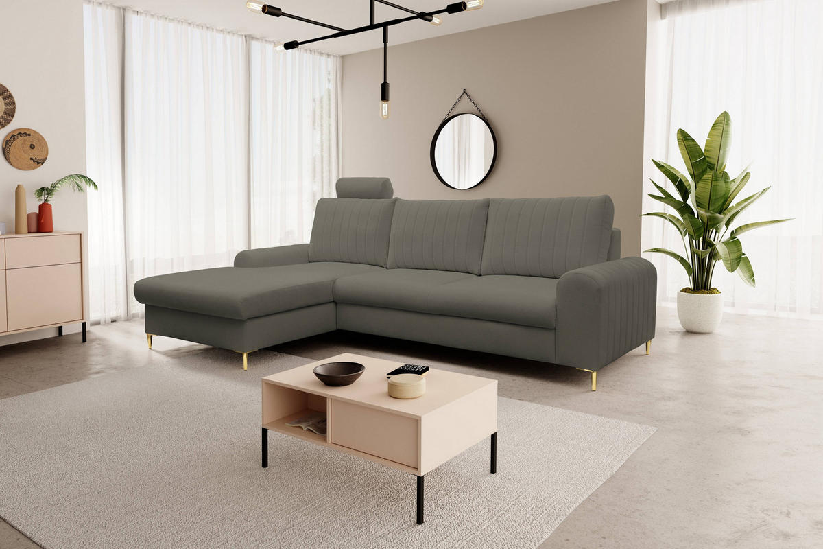 ECKSOFA VERONA L-S Grau Geflochtener Stoff mit Schlaffunktion - Grau, Holz (251/164cm) - MASSENO