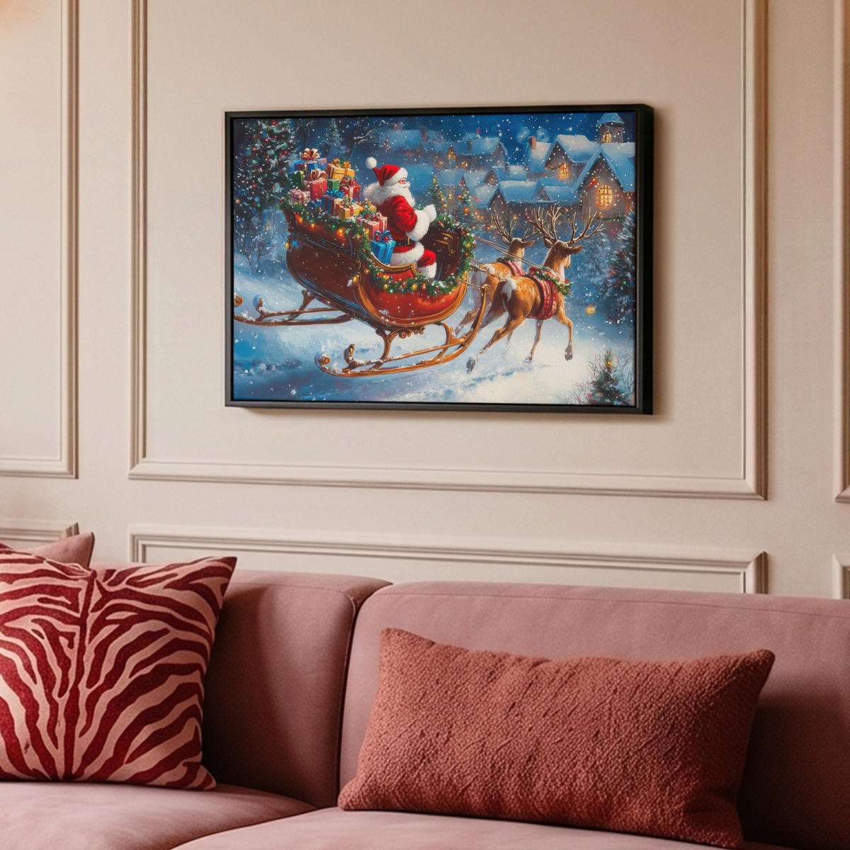 LEINWAND Bilder mit Rahmen - Weihnachtsmann - Rentier - Weihnachten - Schnee - 60x40 - Cognac, Textil (60/40cm) - MuchoWow