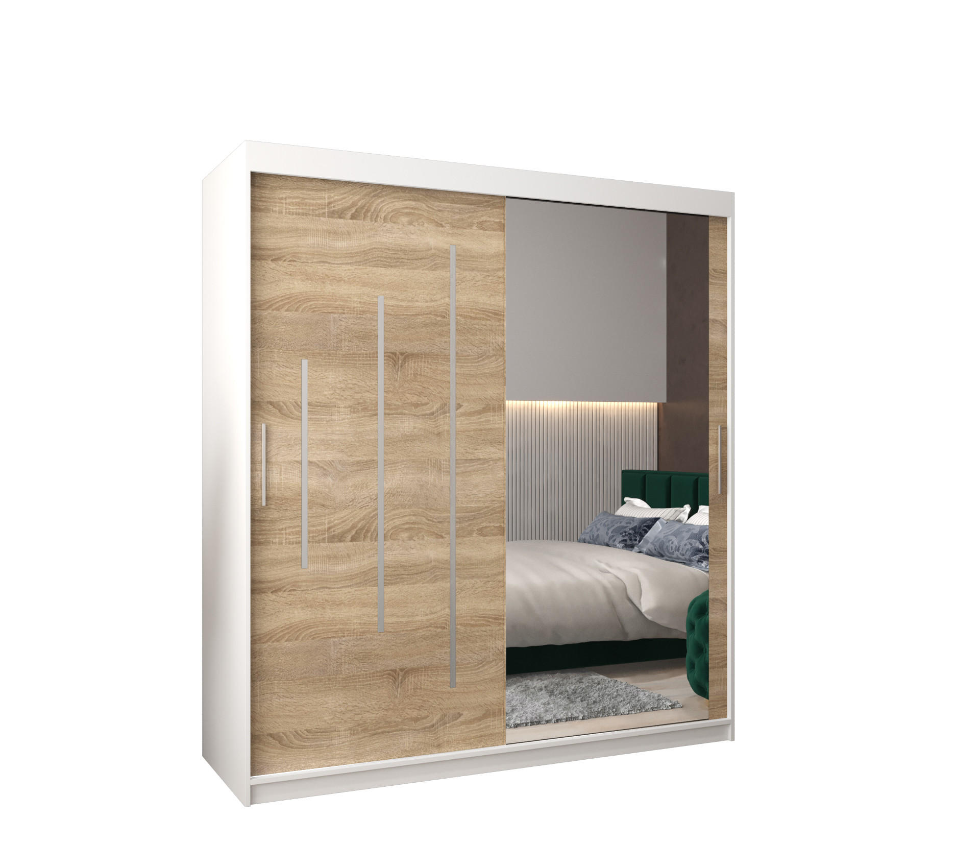 Abiks Möbel Schwebetürenschrank Weiß, Sonoma Eiche 180x200x62 cm