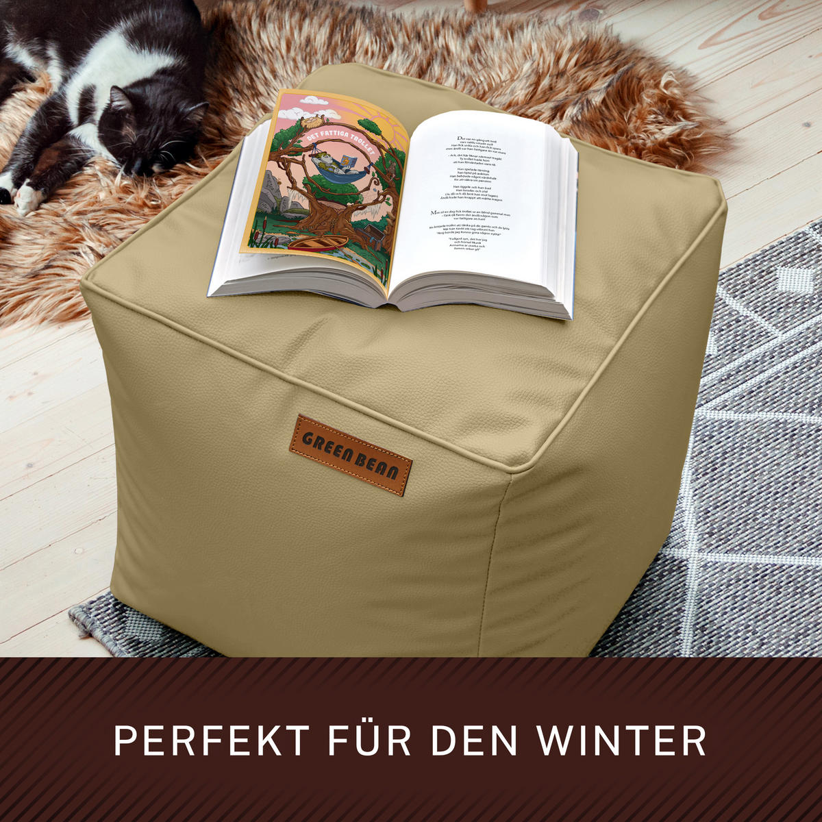 INDOOR HOCKER Cube eckig Kunstleder - Beige, Textil (40/40/40cm) - Green Bean