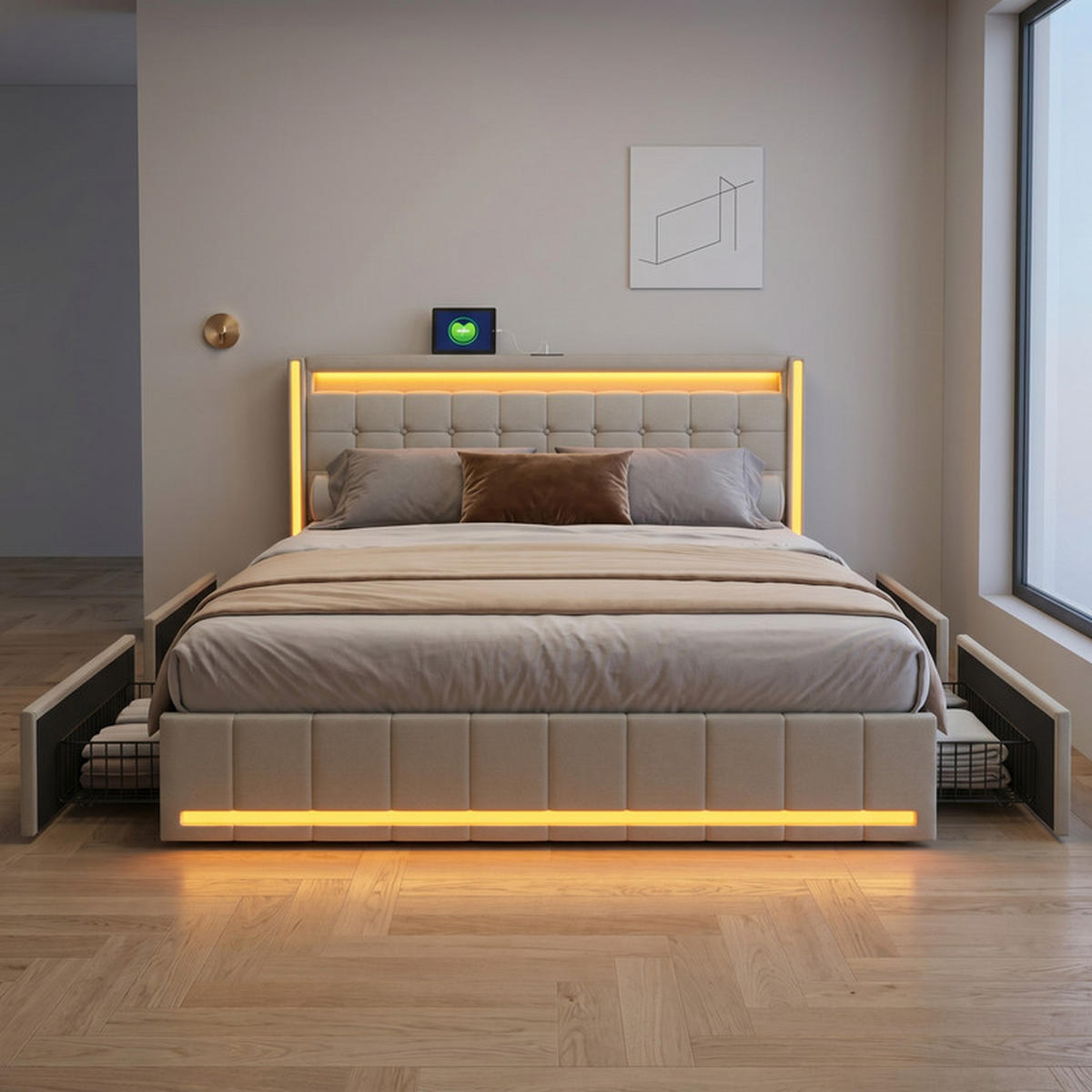 ČALÚNENÁ posteľ 140/190 cm béžová so zásuvkami, LED a USB - béžová, drevo - SHOPENTRA
