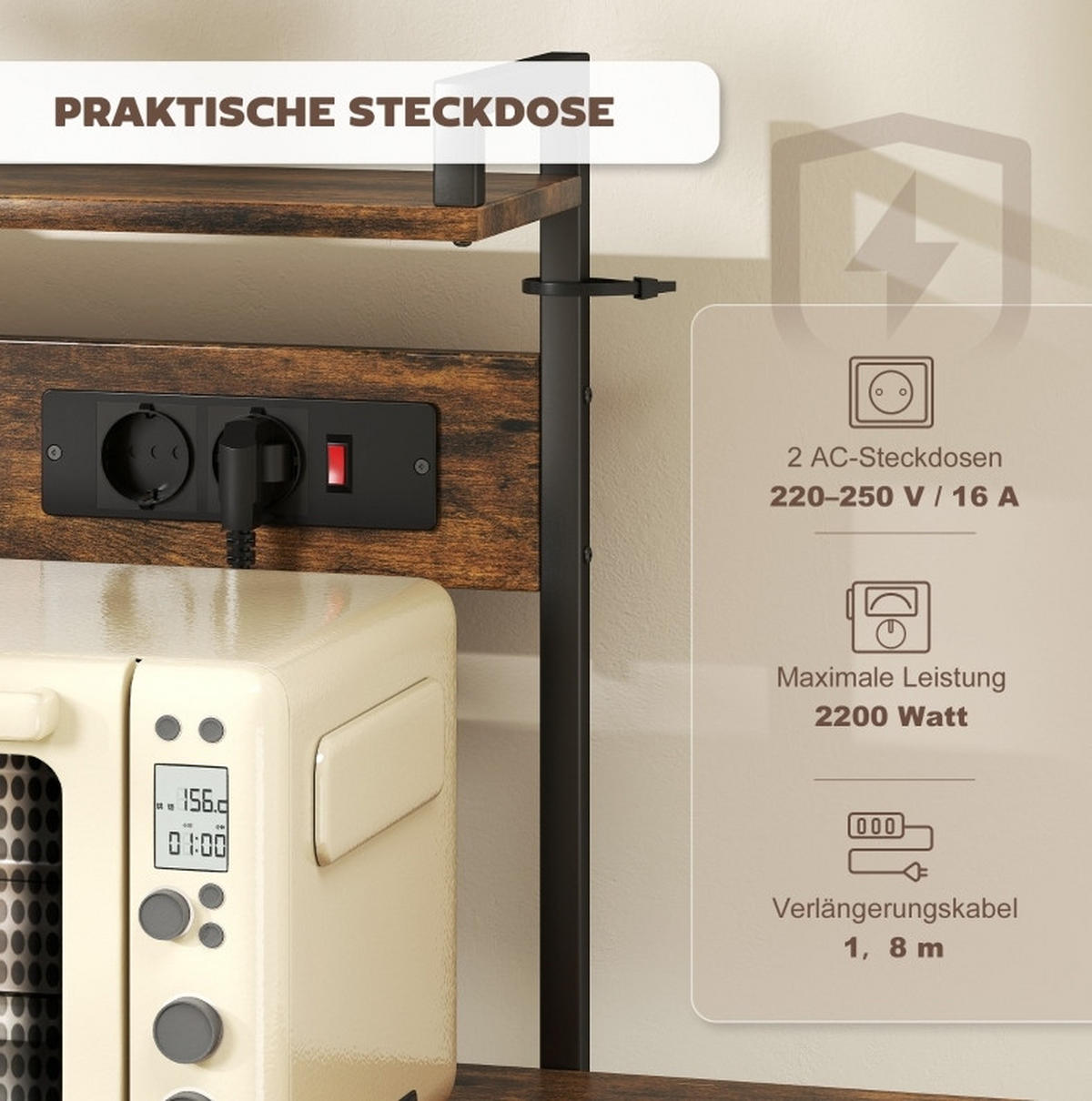 KÜCHENREGAL mit Steckdosen 90 x 42 x 130 cm Rustic Brown - Braun, Holz (42/130/90cm) - Beauniv