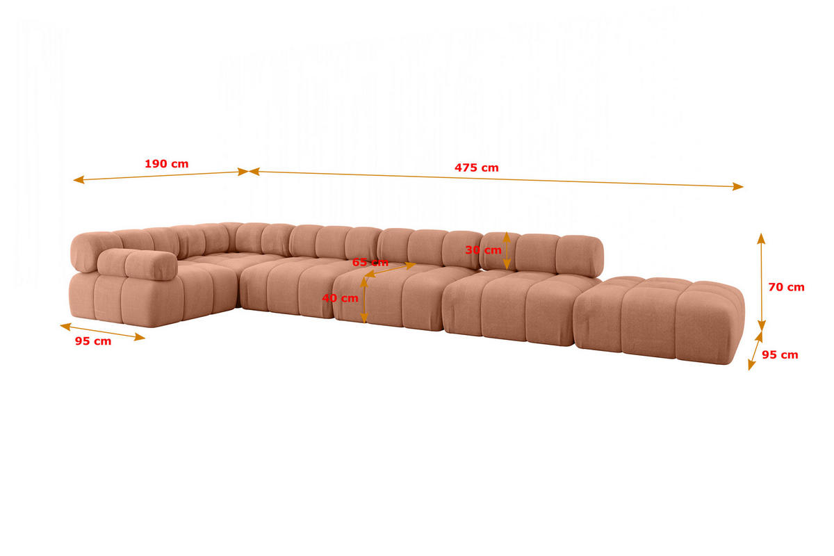 ECKSOFA modulares Sofa Felto-L3 - 475x190x70 cm Apricot Velours - Koralle, Holzwerkstoff/Textil (475/190cm) - ALTDECOR