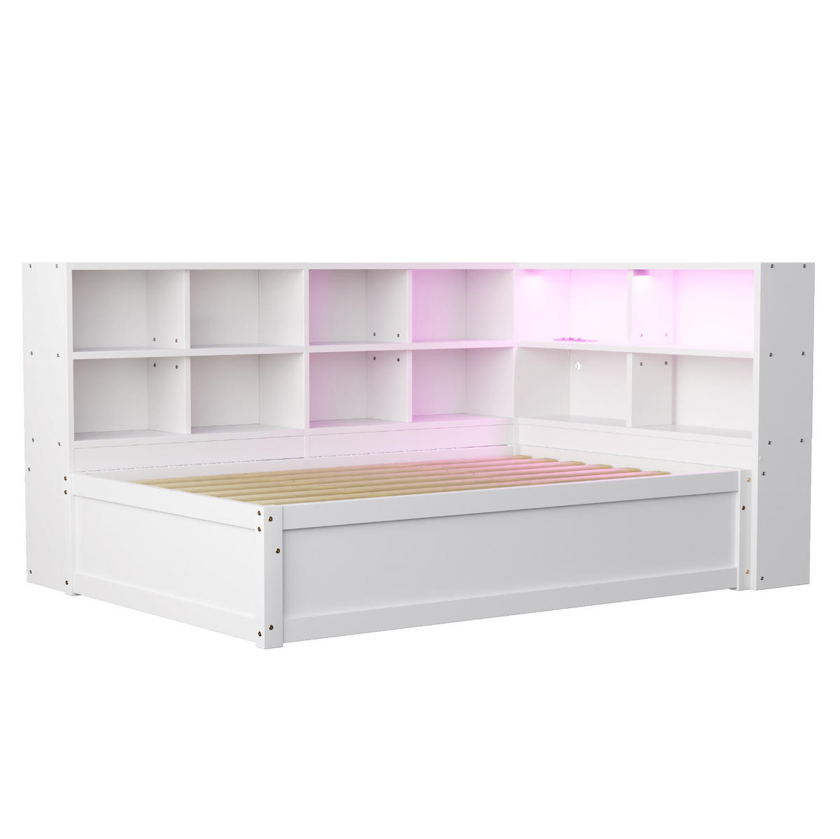 BETT 90/200 cm mit Kopfteil, Stauraum und LED-Leiste in Weiß - Weiß, Holz (90/200cm) - BEAOK