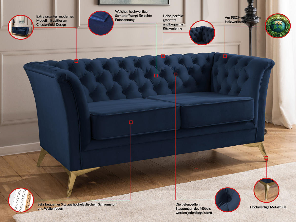 SITZGARNITUR 3+2 Chesterfield Whitby Marineblau Samt mit goldenen Füßen - Blau/Goldfarben, Holz/Textil (237/78/82cm) - S-Style Möbel