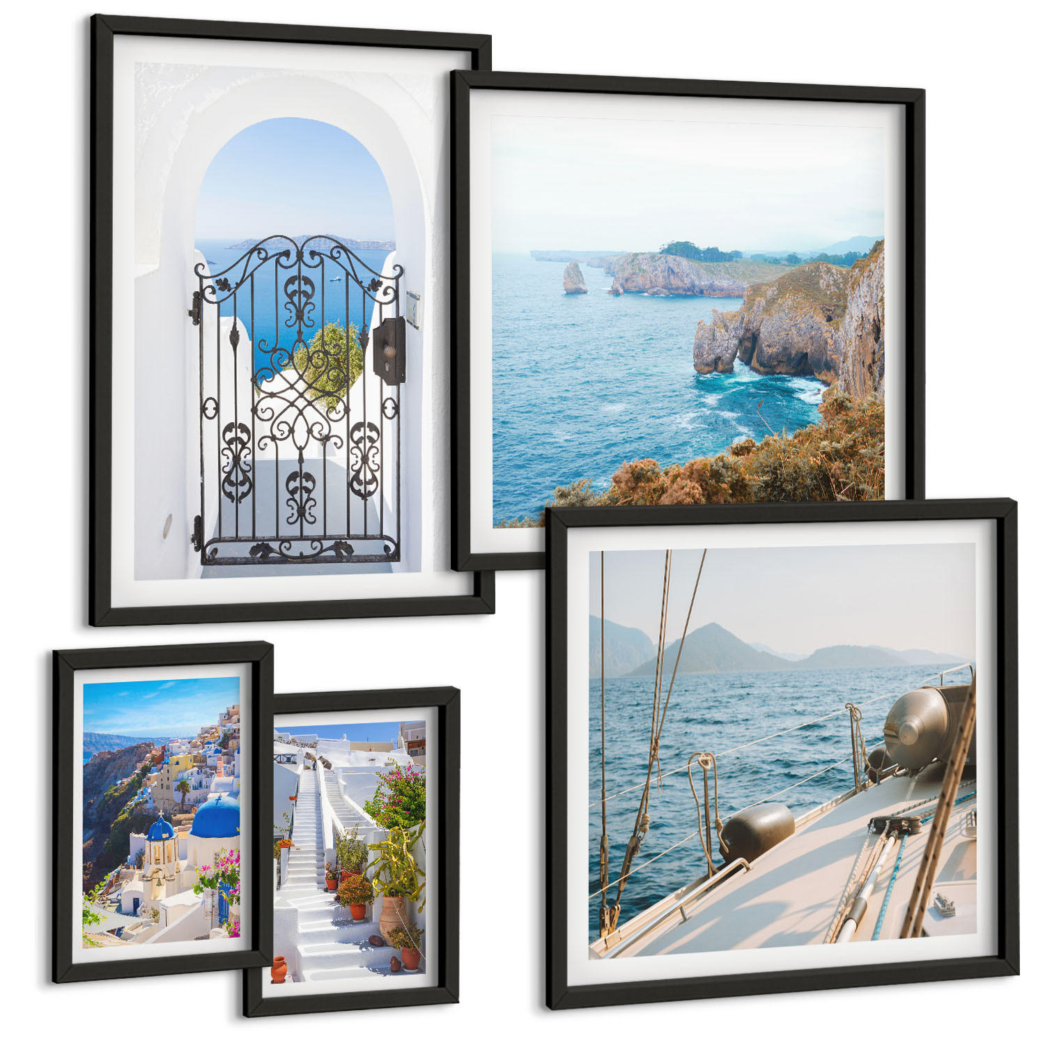 BILDER SET 5er Set - 50x50 cm & 20x30 cm & 40x60 cm Schwarzer Rahmen - Griechische Architektur auf Santorin, Oia - Schwarz, Kunststoff (40/60cm) - TULUP