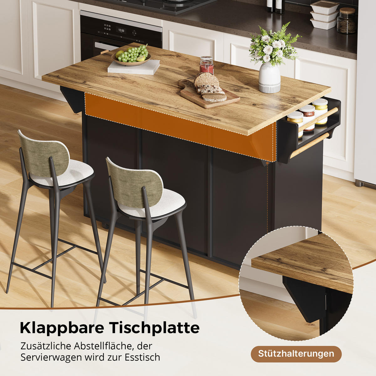 KÜCHENINSEL auf Rollen 120/45/90 cm Schwarz mit klappbarer Arbeitsplatte, 1 Schublade und 3-stufigem Türregal - Silberfarben/Schwarz, Holz/Holzwerkstoff (70/90/120cm) - Oxeza
