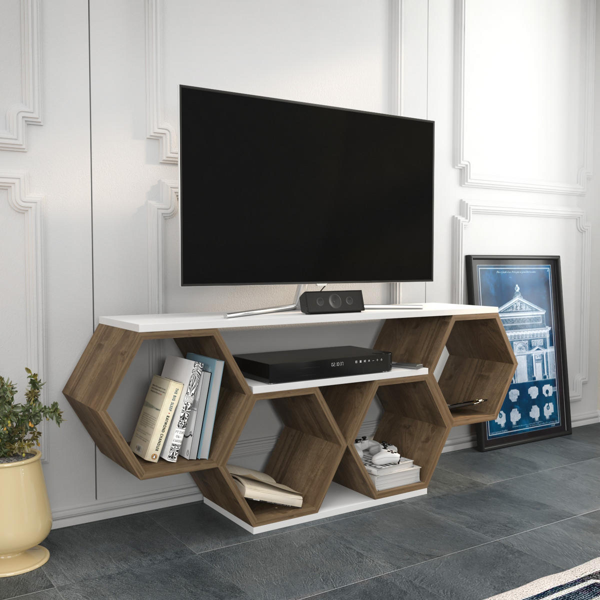 TV-ELEMENT Honig Weiß Walnuss - Walnussfarben/Weiß, Holzwerkstoff (140/55.5/29.6cm) - Decorotika