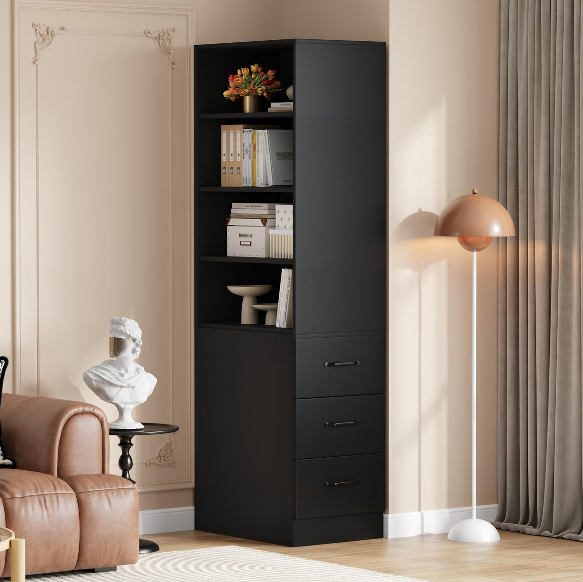 HIGHBOARD 60/38/180 cm in Schwarz mit Seitenschubladen und verstellbaren Böden - Schwarz, Holzwerkstoff (60/180/38cm) - Flora Grace