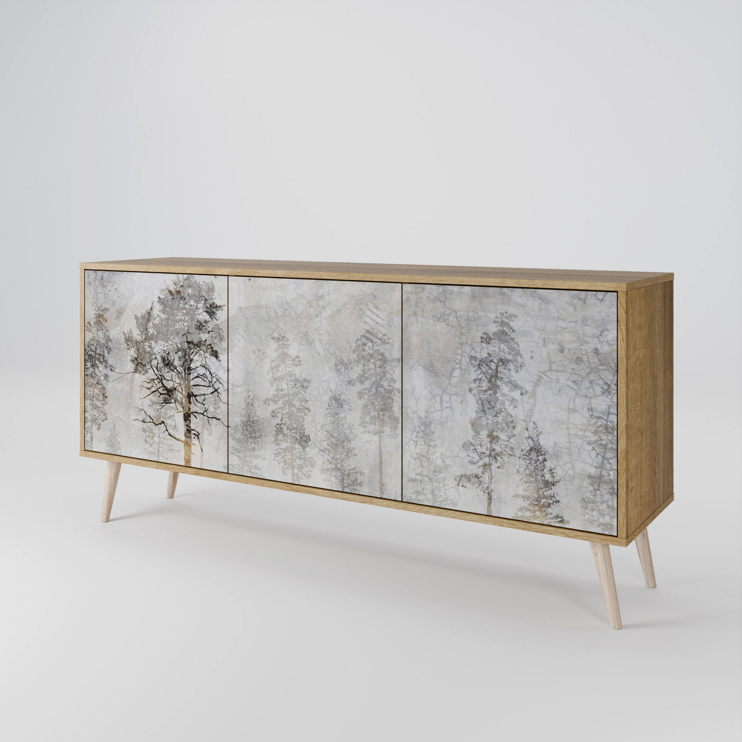 SIDEBOARD FADE IN THE TREES, Eicheneffekt, 164,5x42x77,5 cm, 3 Türen - Eichefarben/Buchefarben, Holzwerkstoff/Buchenholz (164.5/77.5/42cm) - SpaceRebels