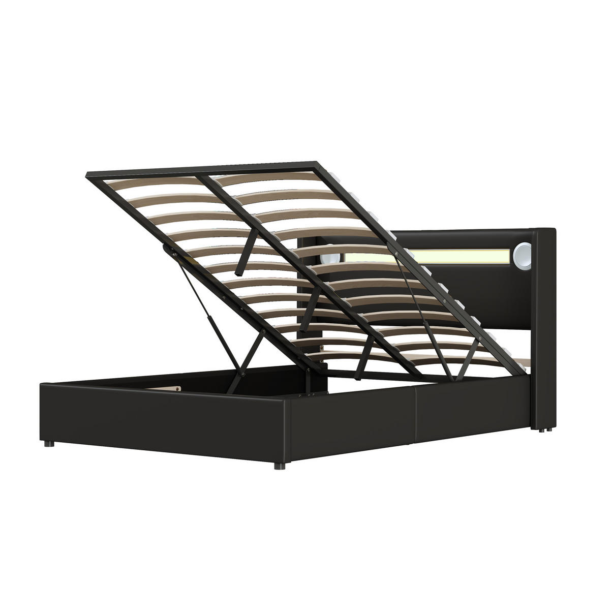 ČALÚNENÁ posteľ z PU kože 140x200 cm čierna s LED, Bluetooth, USB a úložným priestorom - čierna, plast (140/200cm) - Modfu