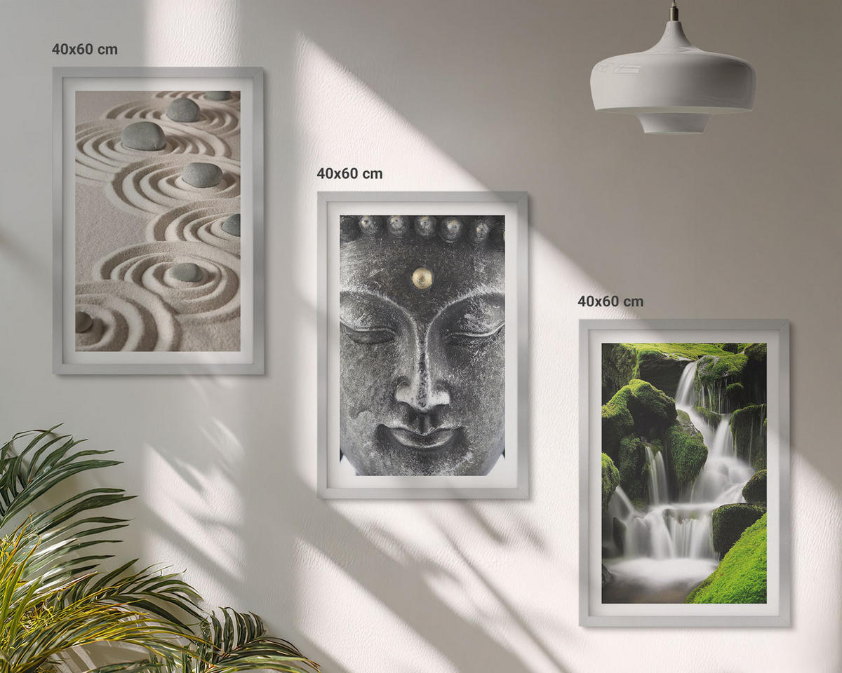 BILDER SET 3er Set - 40x60 cm Silberner Rahmen - Der Frieden der Steine des Buda Zen-Wasserfalls - Silberfarben, Kunststoff (40/60cm) - TULUP