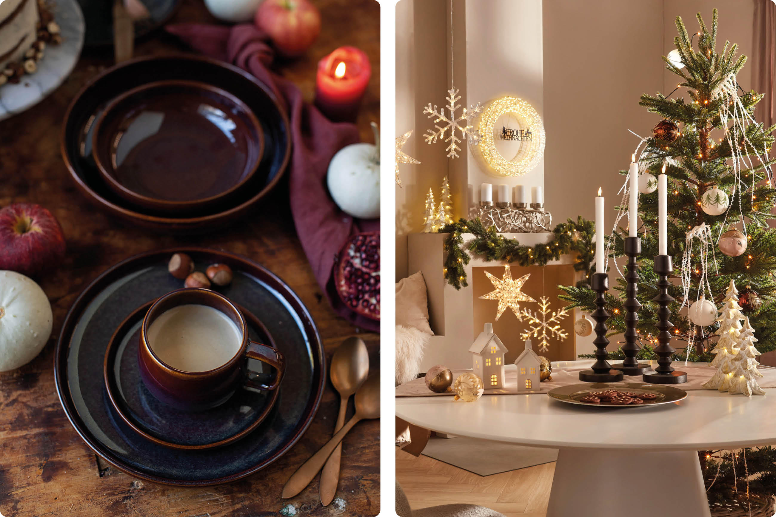 Links gedeckter Tisch mit braunem Geschirr und Kerzen, rechts weihnachtlich dekorierter Raum mit Tannenbaum, Kerzen und Lichterketten