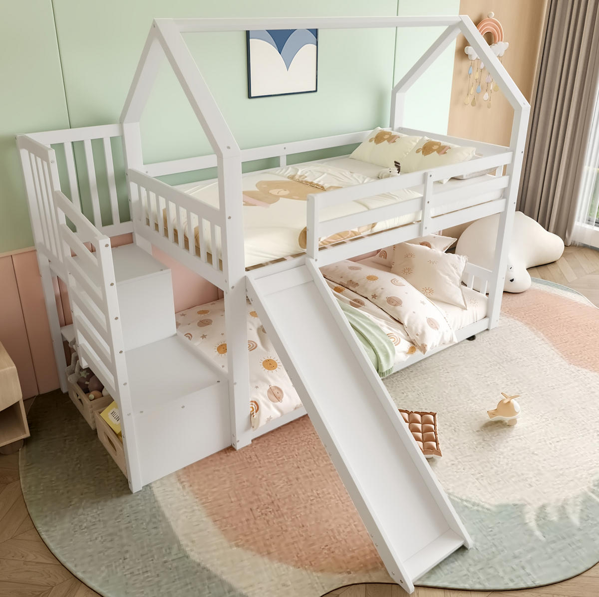 ETAGENBETT aus Kiefer und MDF 90x200 cm Weiß/Grau mit Stauraumtreppe, Rutsche und Hausdesign - Weiß, Holzwerkstoff (90/200cm) - Modfu