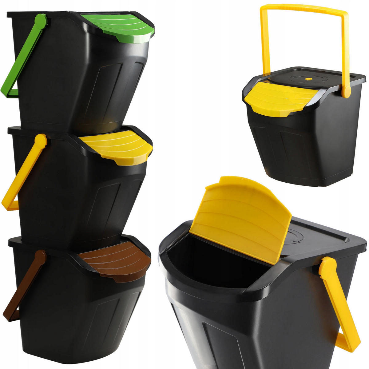 ABFALLBEHÄLTER mit Griff, 3x25L - Gelb/Schwarz, Kunststoff (32.5/36/40cm) - KADAX