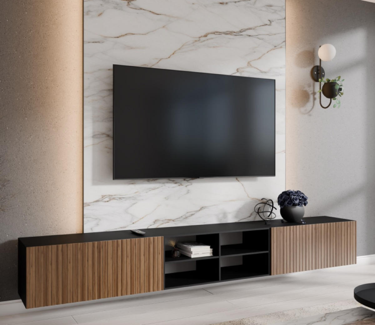 TV-SCHRANK Schwarz Catania Eiche Rillenoptik Offen Mit Regalen 300 cm - Braun, Holzwerkstoff (300/41/40cm) - Sepro Meble