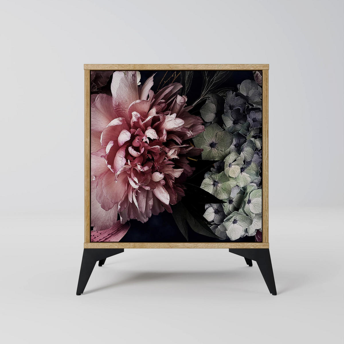 SIDEBOARD PURE BLOSSOM, Eichefarben, 57,5x42x70,5 cm, Schwarze Metall-Sternfüße - Eichefarben/Multicolor, Holzwerkstoff/Metall (57.5/70.5/42cm) - SpaceRebels