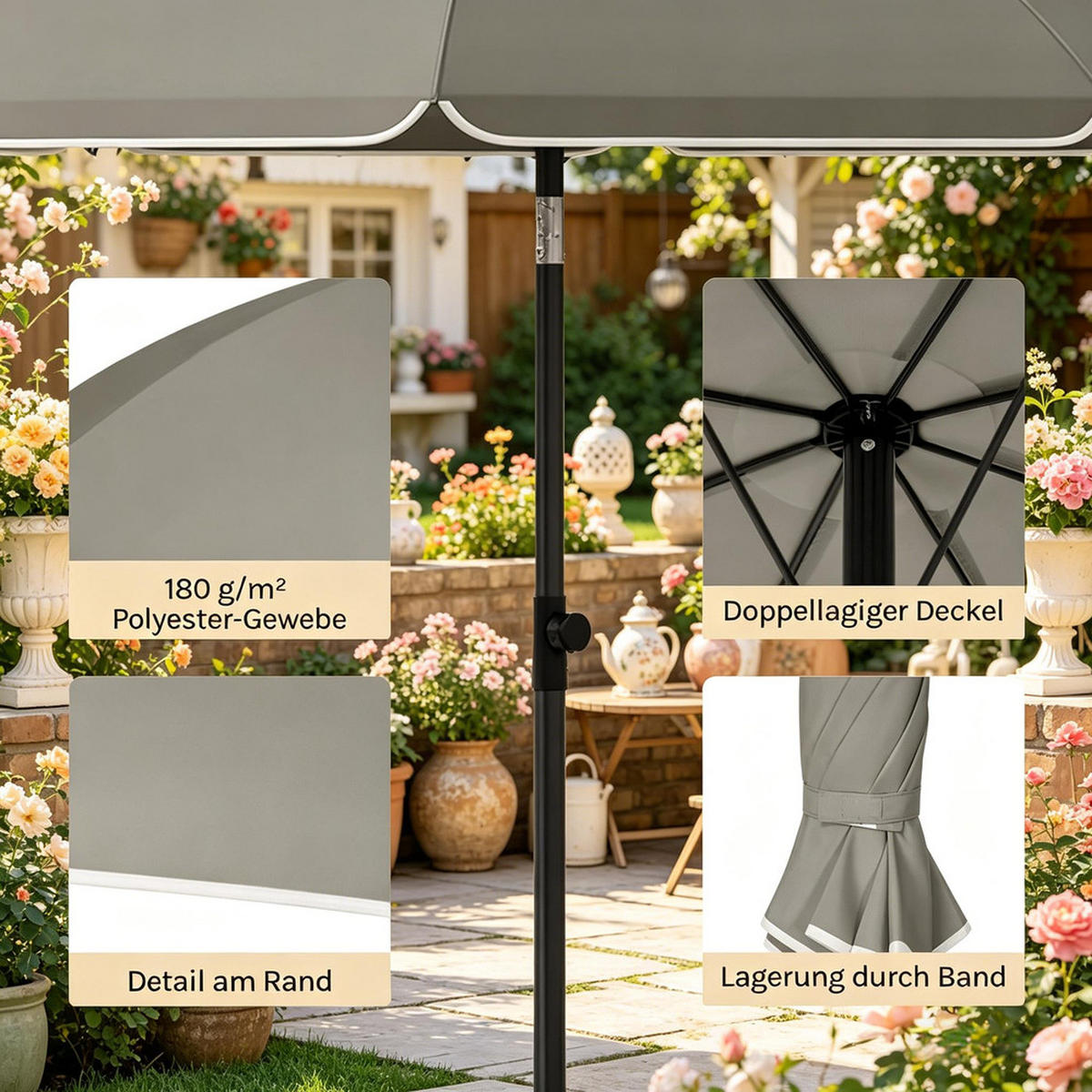 SONNENSCHIRM Metallgestell 135cm Grau Höhenverstellbar Neigbar - Grau, Textil (155/135cm) - Raelunyi