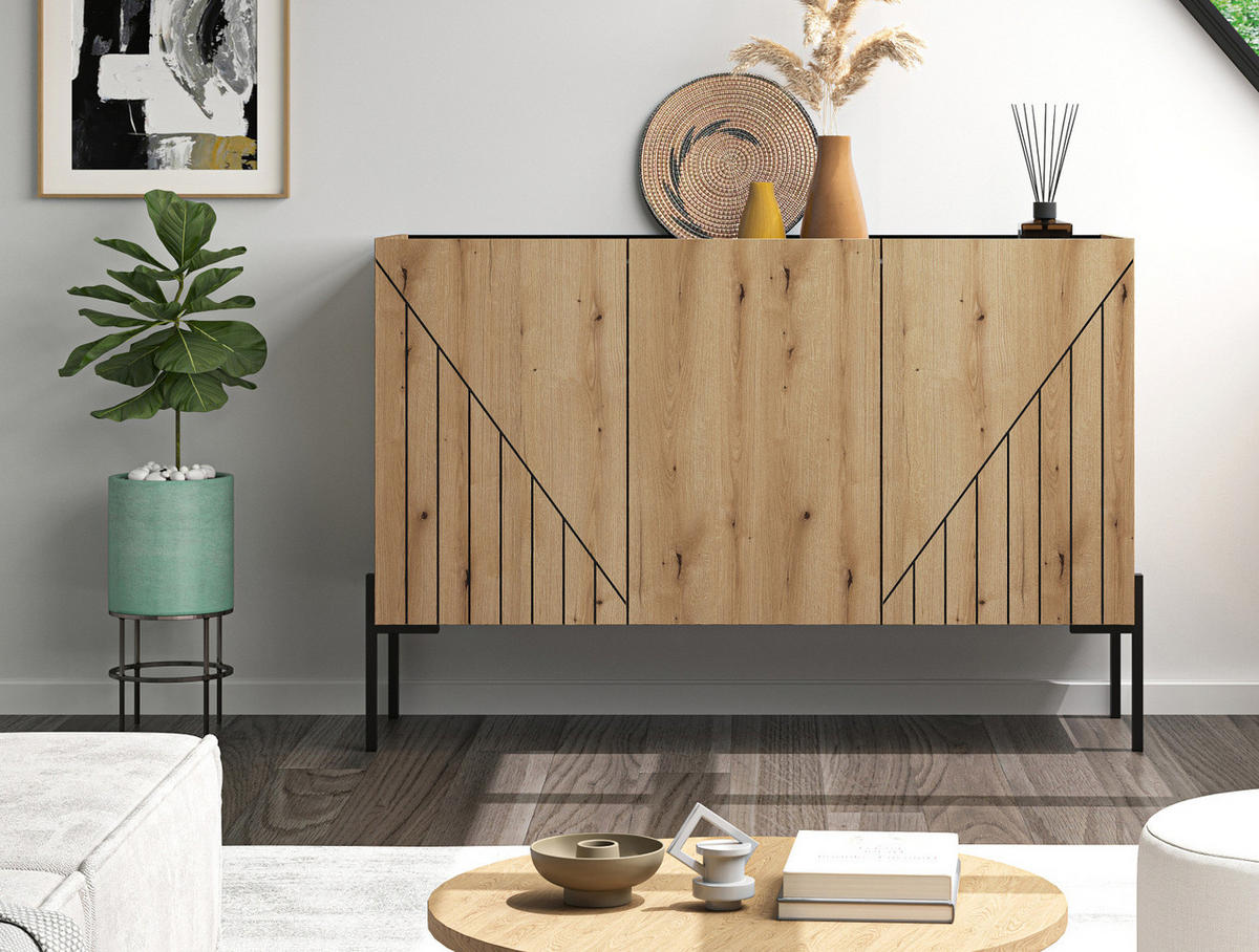 SIDEBOARD Evoke Eiche, Kommode 120 x 81 cm mit Soft-Close - Eichefarben/Schwarz, Holzwerkstoff/Metall (120/81/40cm) - Inn.Furn