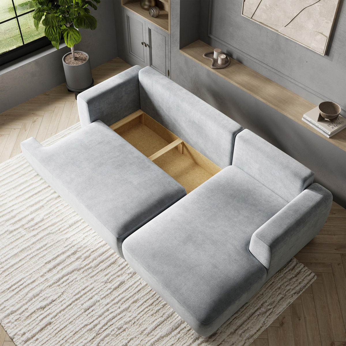 ECKSOFA SENTI K R-S Hellgrau Plüsch-Stoff mit Schlaffunktion - Hellgrau, Holz (246/148cm) - MASSENO