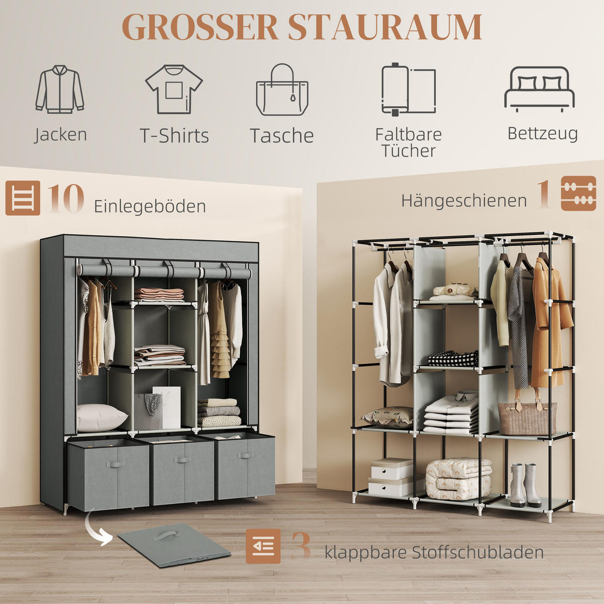 STOFFSCHRANK Stahl Vliesstoff Hellgrau - Hellgrau, Kunststoff (43/162.5/125cm) - HOMCOM