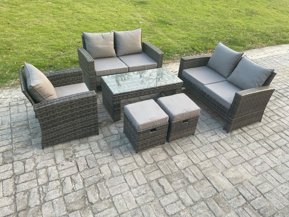 GARTENMÖBEL SOFA SET MIT COUCHTISCH 2 KLEINER HOCKER Polyrattan Dunkelgrau Gemischt 7-Sitzer - Dunkelgrau, Metall - Fimous
