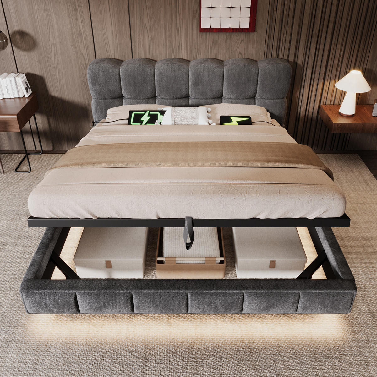 POLSTERBETT 140/200 mit Bettkasten, LED und USB in Grau - Grau, Holzwerkstoff/Textil (140/200cm) - EVRYAE