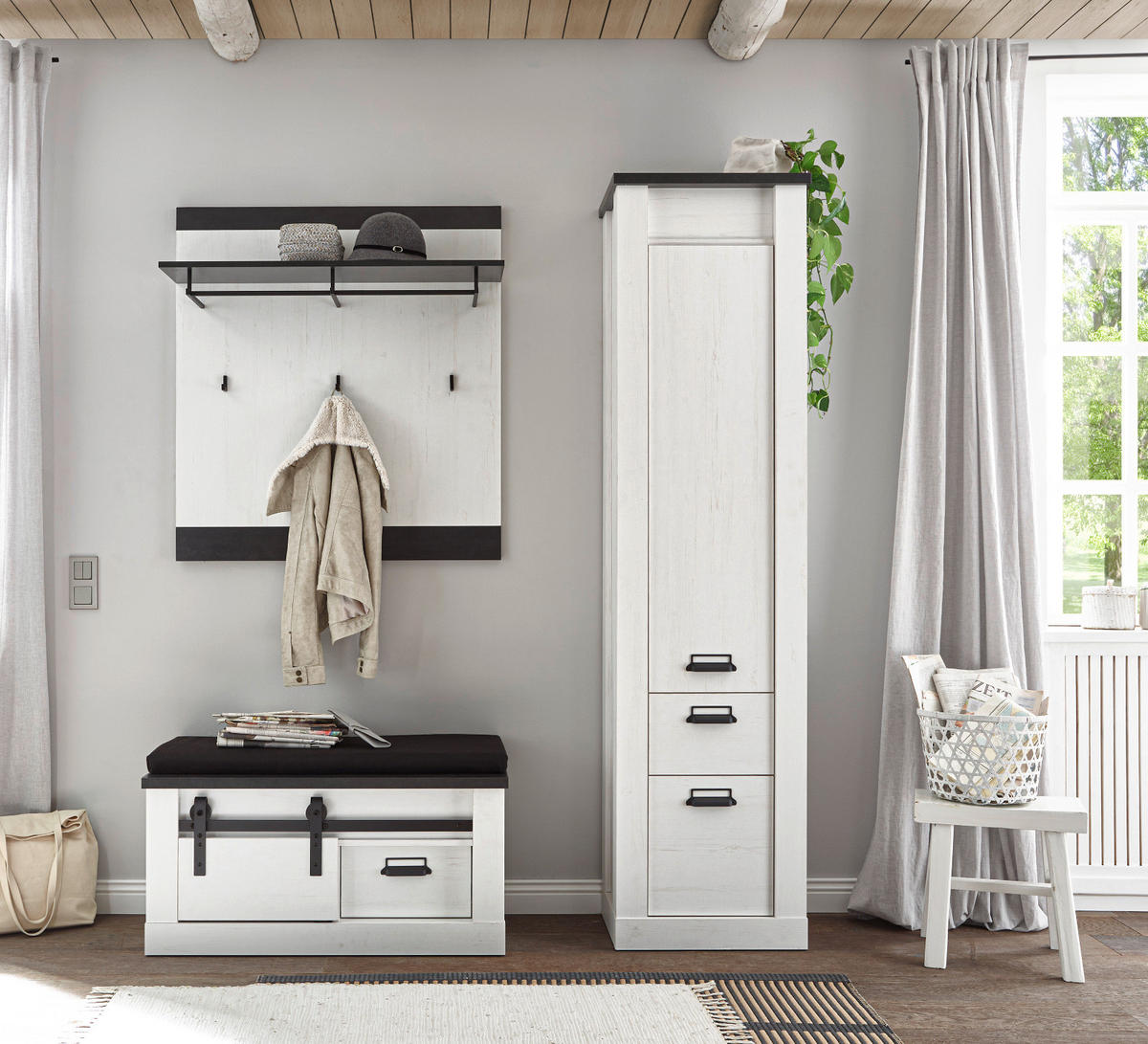 SCHUHSCHRANK weiß Pinie, Landhaus, Garderobenschrank mit Soft-Close - Anthrazit/Weiß, Holzwerkstoff/Metall (51/201/38cm) - Furn.Design