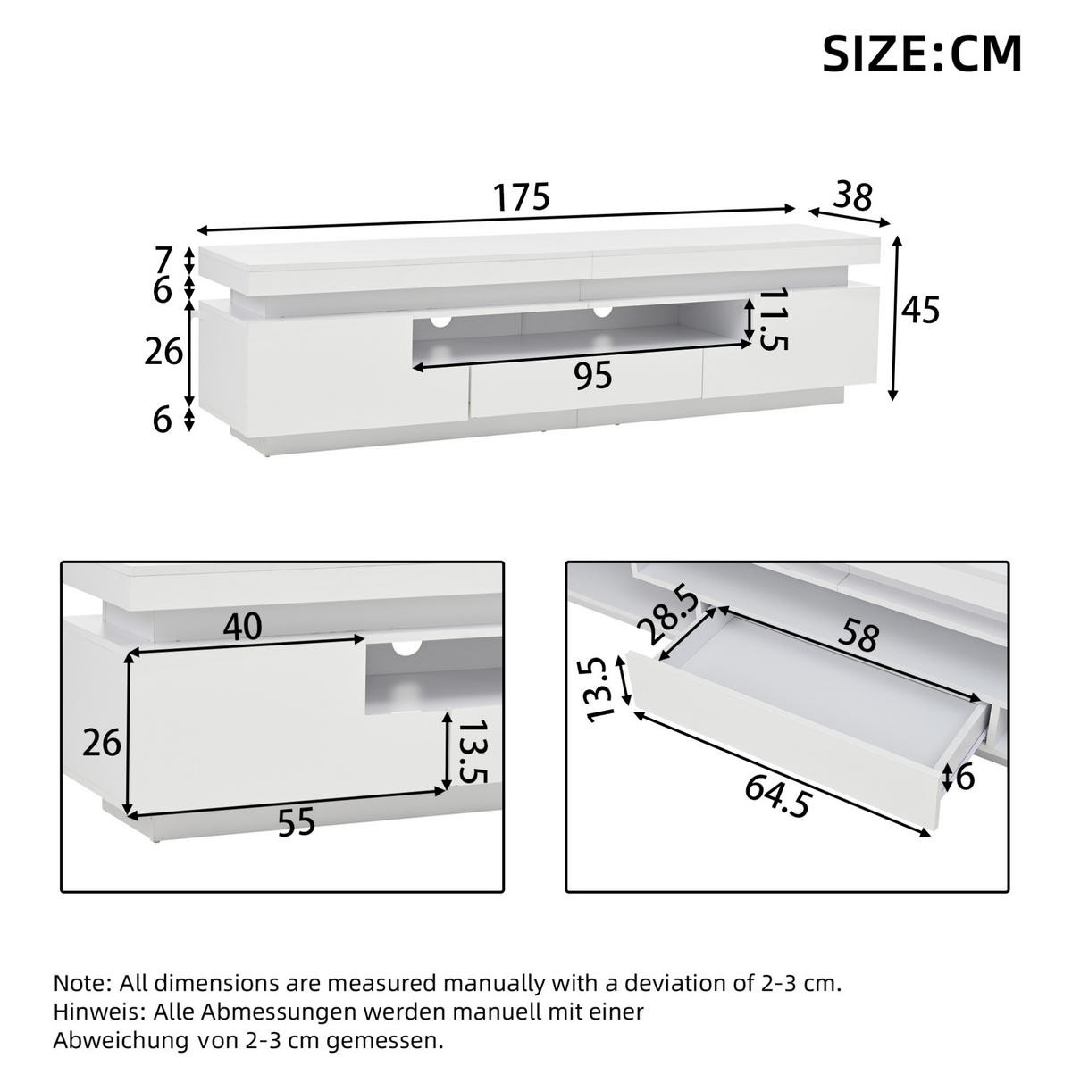 LOWBOARD 175/38/45 cm Weiß aus Spanplatte mit LED und Hochglanzfronten - Weiß, Holzwerkstoff (38/45/175cm) - OKMYHOME