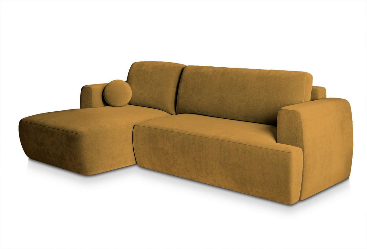 ECKSOFA SENTI K L-S Gelb Plüsch-Stoff mit Schlaffunktion - Gelb, Holz (246/148cm) - MASSENO