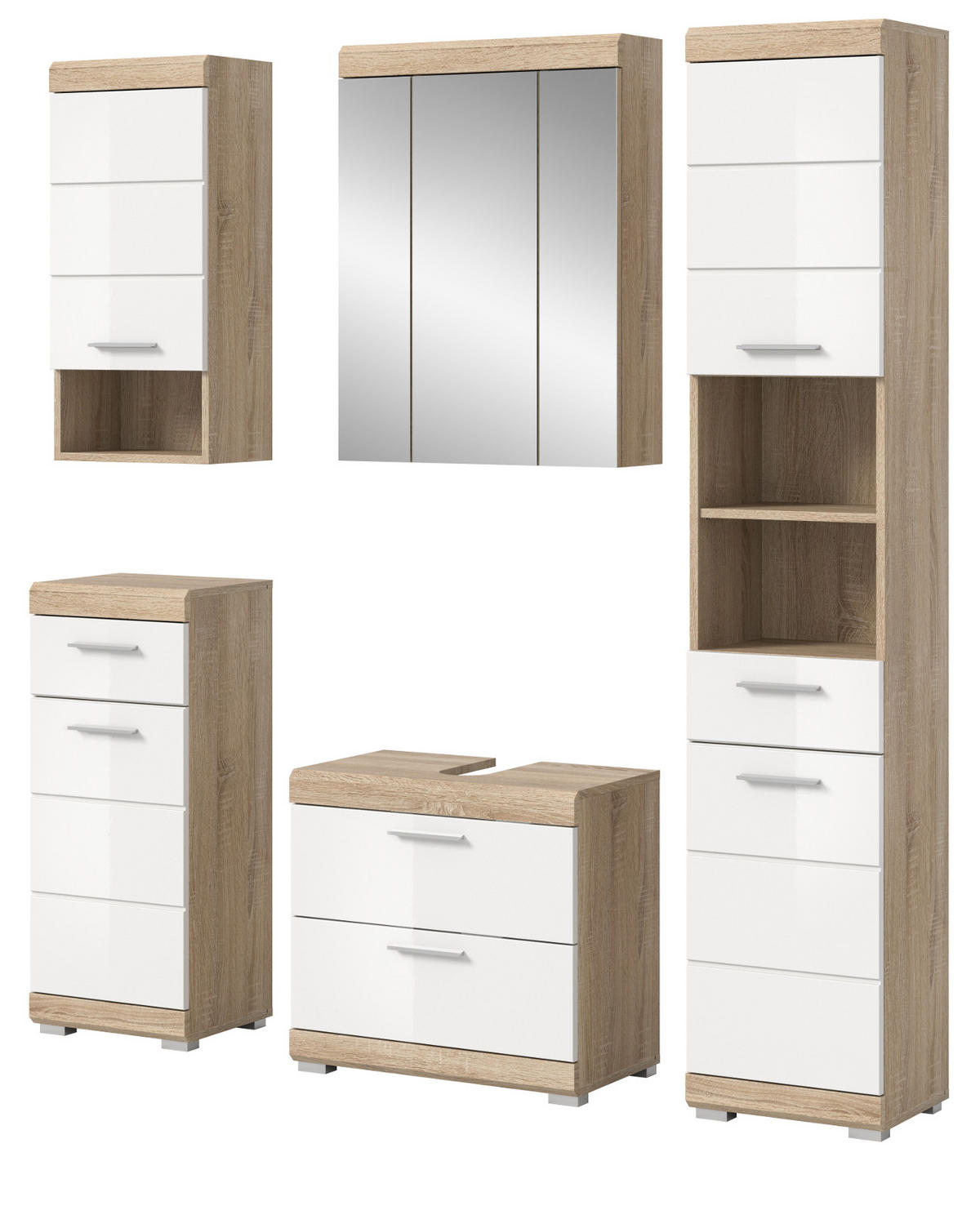 BADMÖBEL-SETWEISS Hochglanz, Eiche 5-teilig 164 cm, Komplettset mit viel Stauraum - Weiß Hochglanz/Eichefarben, Holzwerkstoff (164/191/37cm) - Inn.Furn