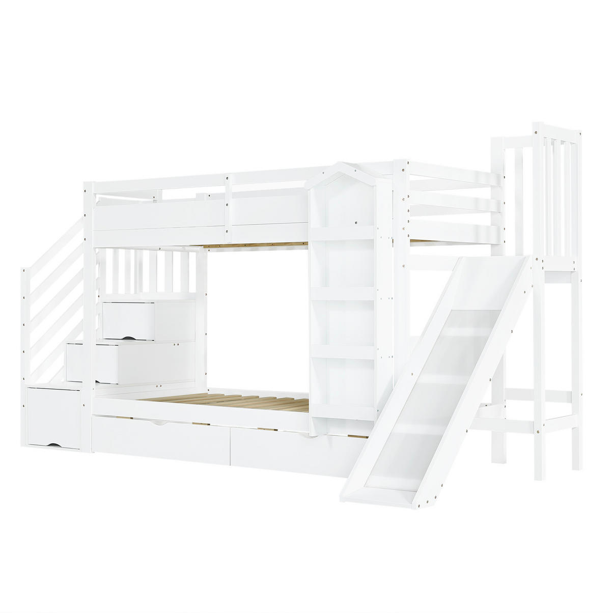 POSCHODOVÁ posteľ 90/200 cm biela so šmykľavkou, schodmi s úložným priestorom a zásuvkami z borovice a MDF - biela, drevo (90/200cm) - OKWISH