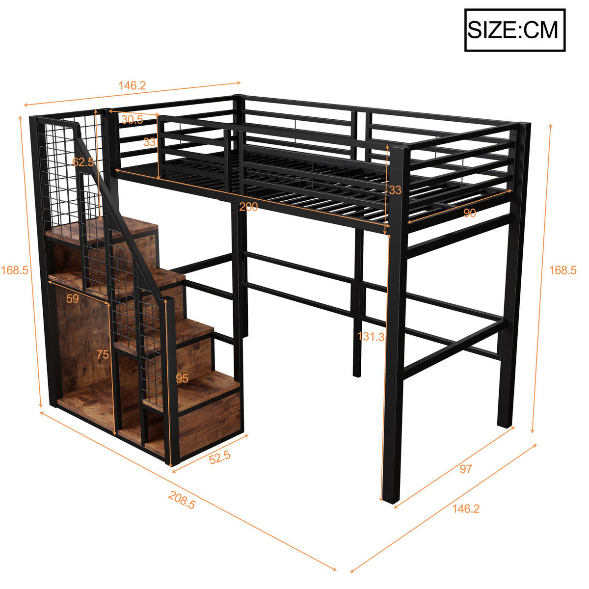 HOCHBETT aus Metall 90x200 cm in Schwarz mit Treppe & Stauraum - Schwarz, Metall (90/200cm) - Modfu