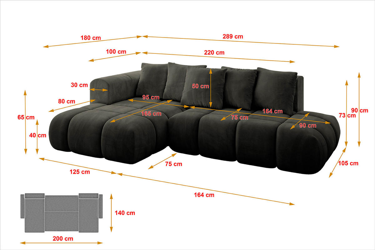ECKSOFA Ottomane Links CLOUD-L-v1 289x180x40 Schwarz Velours - Schwarz, Holzwerkstoff/Kunststoff (180/289cm) - ALTDECOR
