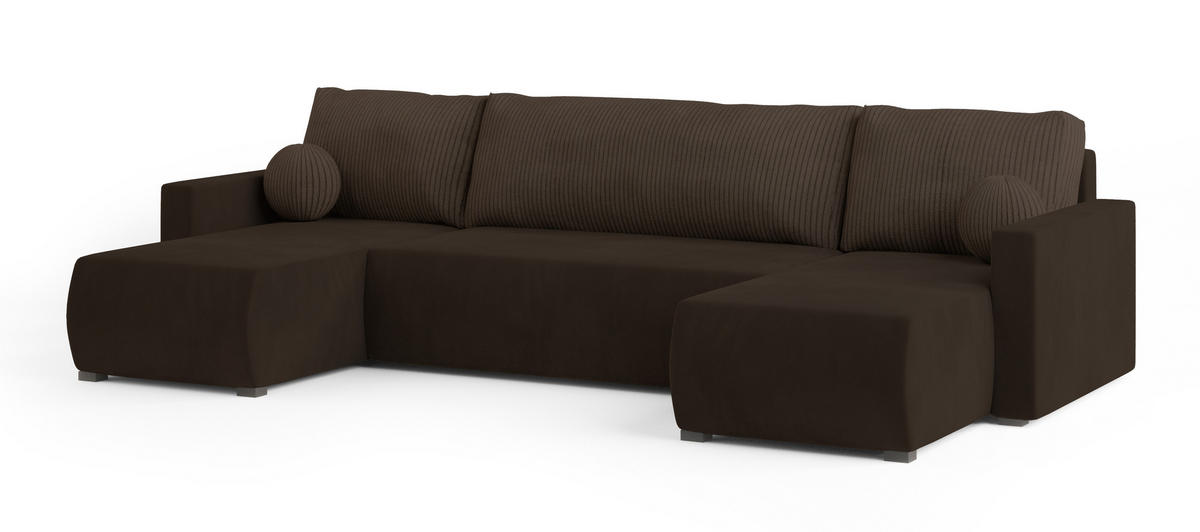 WOHNLANDSCHAFT TESSUN Braun Plüsch-Stoff mit Schlaffunktion - Braun, Holz (286/85/143cm) - MASSENO