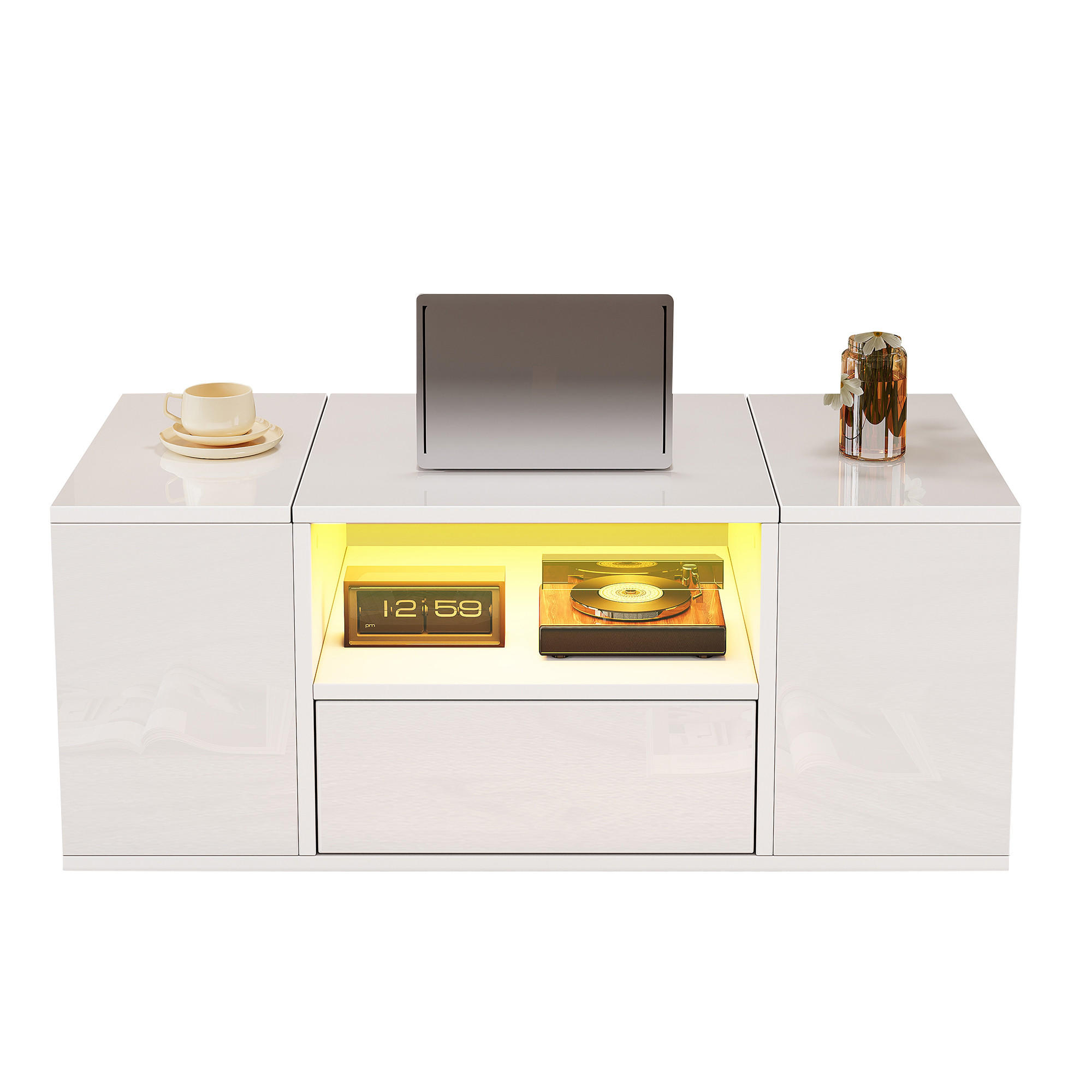 COUCHTISCH LED Weiß 1 Schublade 2 Schränke 6 Fächer Hochglanz 100x50x40cm - Weiß, Holzwerkstoff (100/50/40cm) - FLIEKS