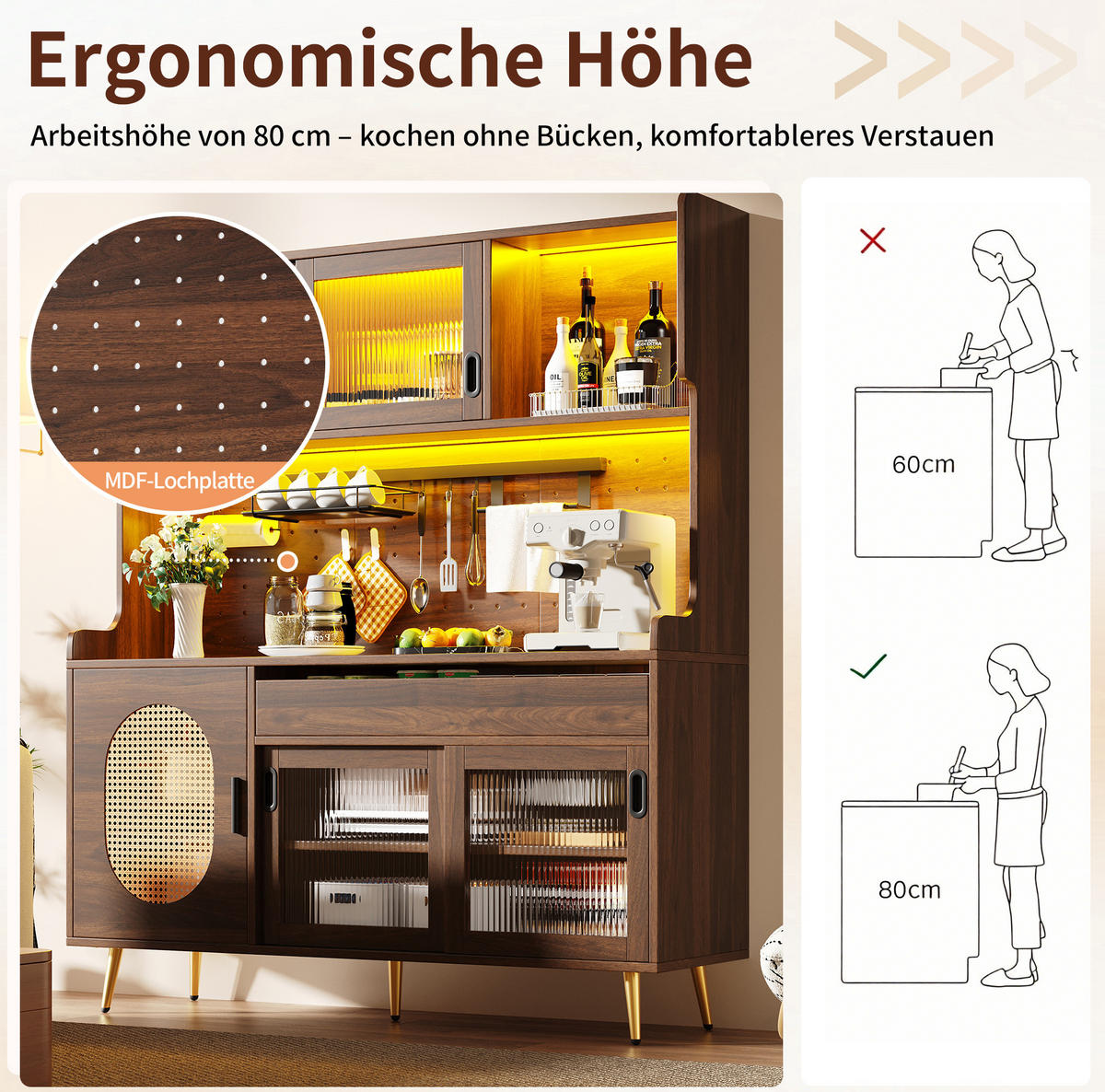 BUFFETSCHRANK 145/39/171 cm braun aus MDF mit LED, Lochplatte und Fluted-Glas-Türen - Braun, Holzwerkstoff (145/171/39cm) - OKWISH