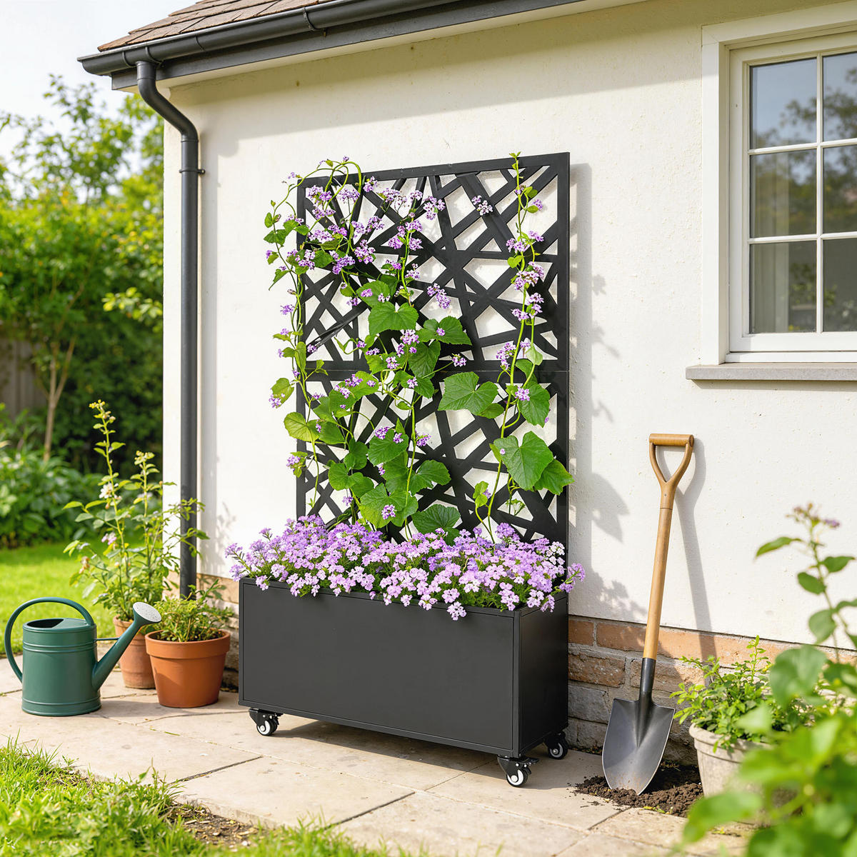 HOCHBEET DE-12295 mit Sichtschutz u. Rollen, 90/30/160 cm Schwarz - Schwarz, Metall (90/160/30cm) - ComfortXL