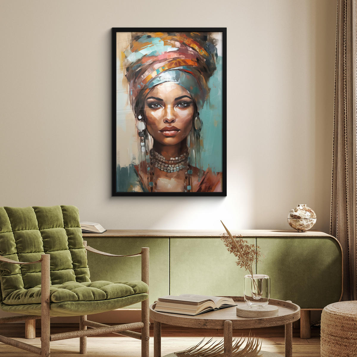 ZARÁMOVANÝ PLAGÁT Žena - Umenie - Šperky - Portrét 60x90 cm - modrosivá, papier (60/90cm) - MuchoWow