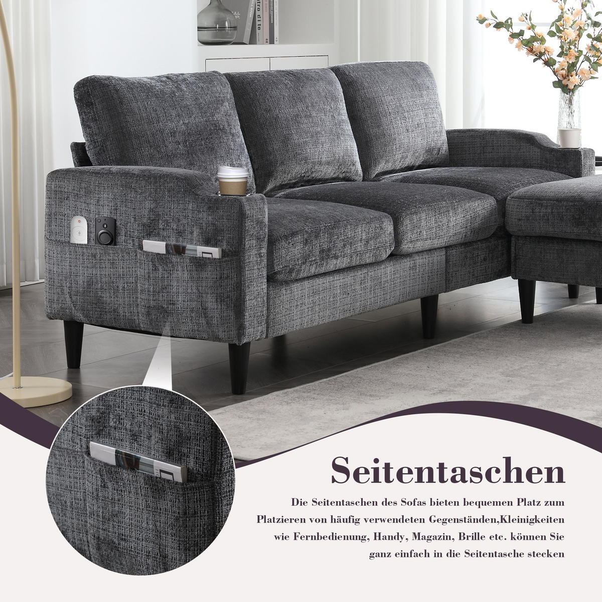 ECKSOFA 163/121/66 cm Grau mit 1 Aufbewahrungshocker, Aufbewahrungstasche und Getränkehalter - Grau, Textil (196.5/75cm) - Oxeza