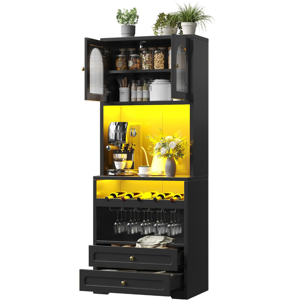 KÜCHENSCHRANKSCHWARZ mit gewölbten Glastüren, 140/180/40 cm, MDF und Metall, MIT SMARTER LED-BELEUCHTUNG, für Wohnzimmer und Esszimmer - Schwarz, Holzwerkstoff (40/180/140cm) - Rolipo