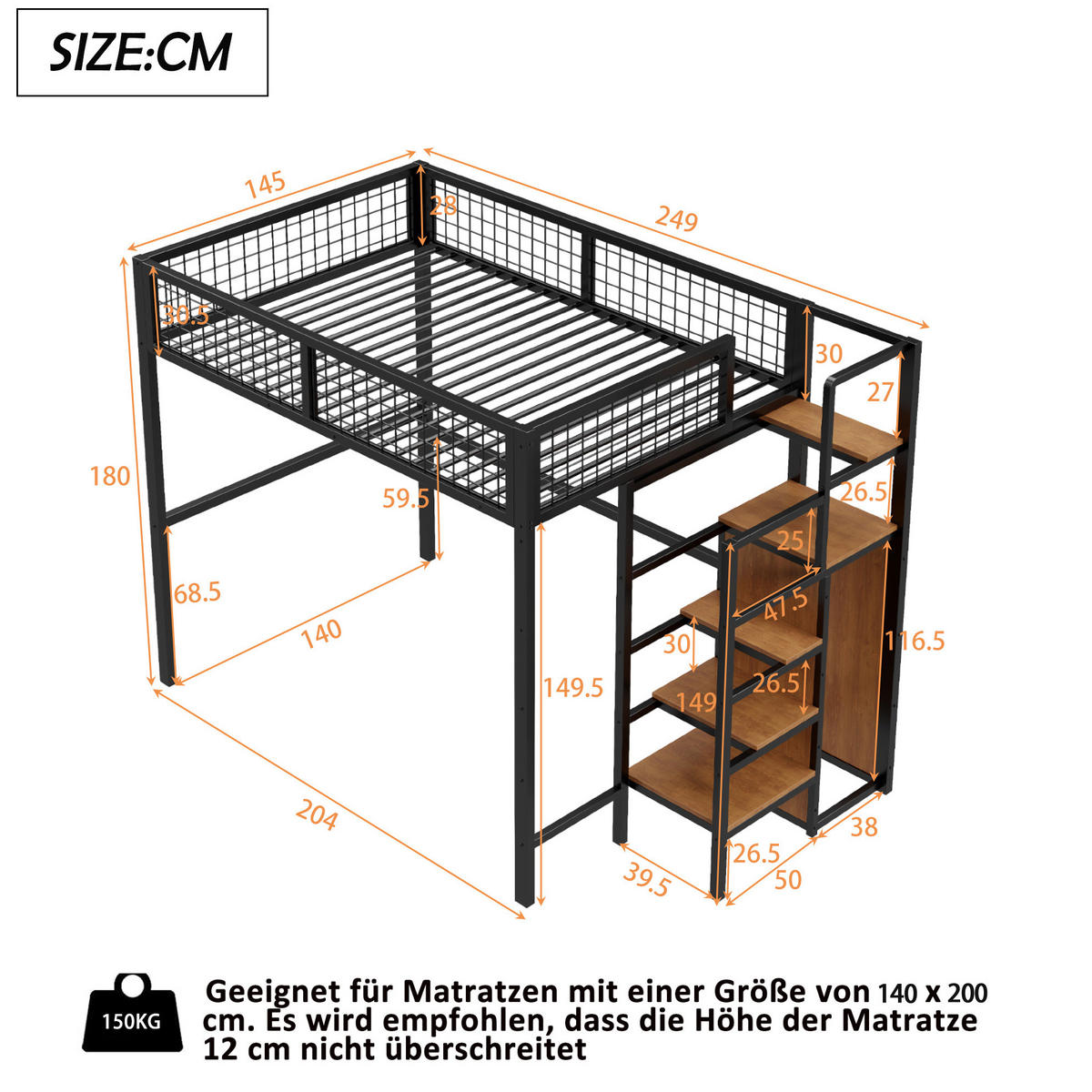 HOCHBETT 140/200 cm aus Metall mit Leiter, Kleiderschrank und Regal, Schwarz - Schwarz, Metall (140/200cm) - Redom